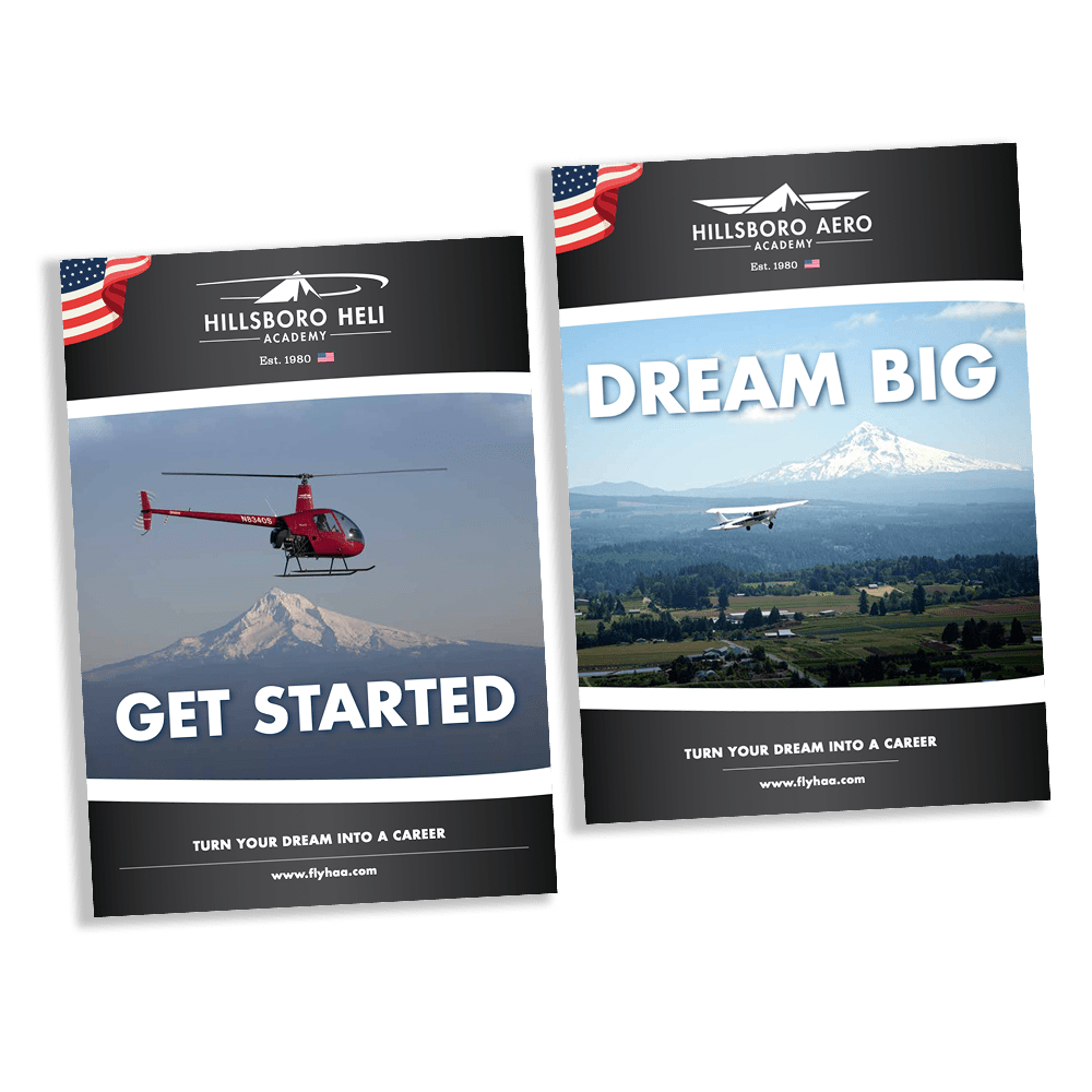 Portadas de los folletos de Hillsboro Aero Academy: “Get Started” con helicópteros y “Dream Big” con aviones, ambos con el lema ‘Turn your dream into a career’.